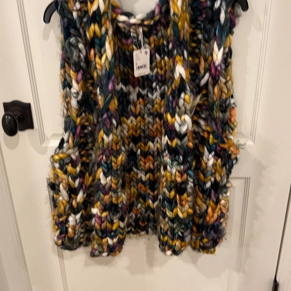 Free People Twilight Vest Chunky Multi Colored Knit Blue Gold Green Purple